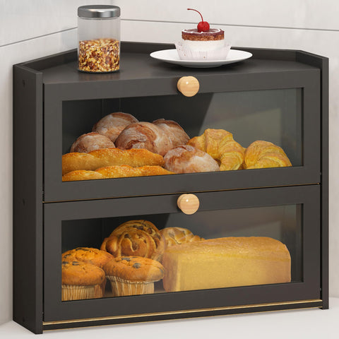 JANSNIMEN Black Corner Bread Box with Window keeps bread visible and fresh on your countertop.