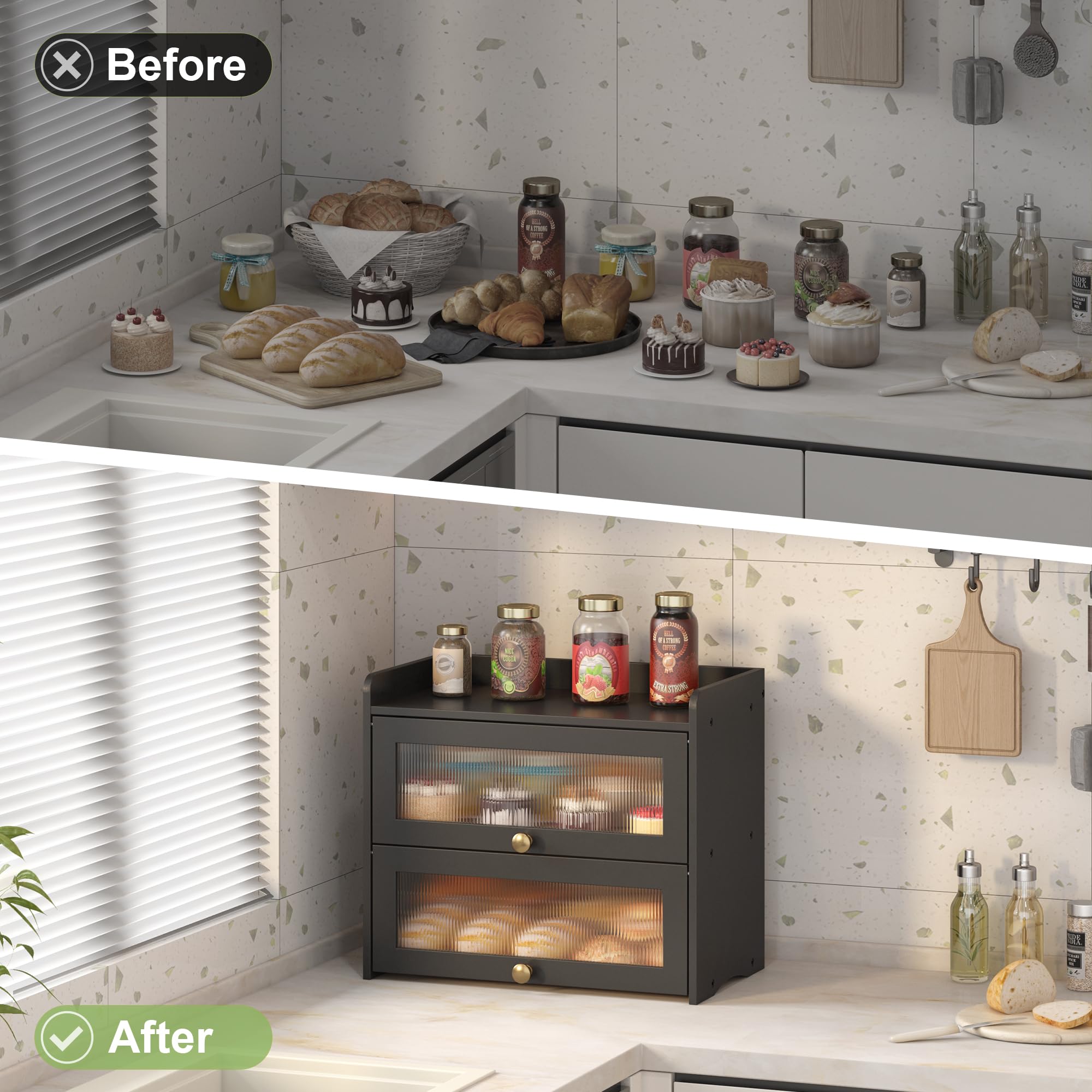 JANSNIMEN black countertop bread box complements modern kitchens.