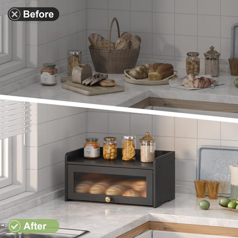 JANSNIMEN bread box on counter used as versatile organizer for fruits and utensils