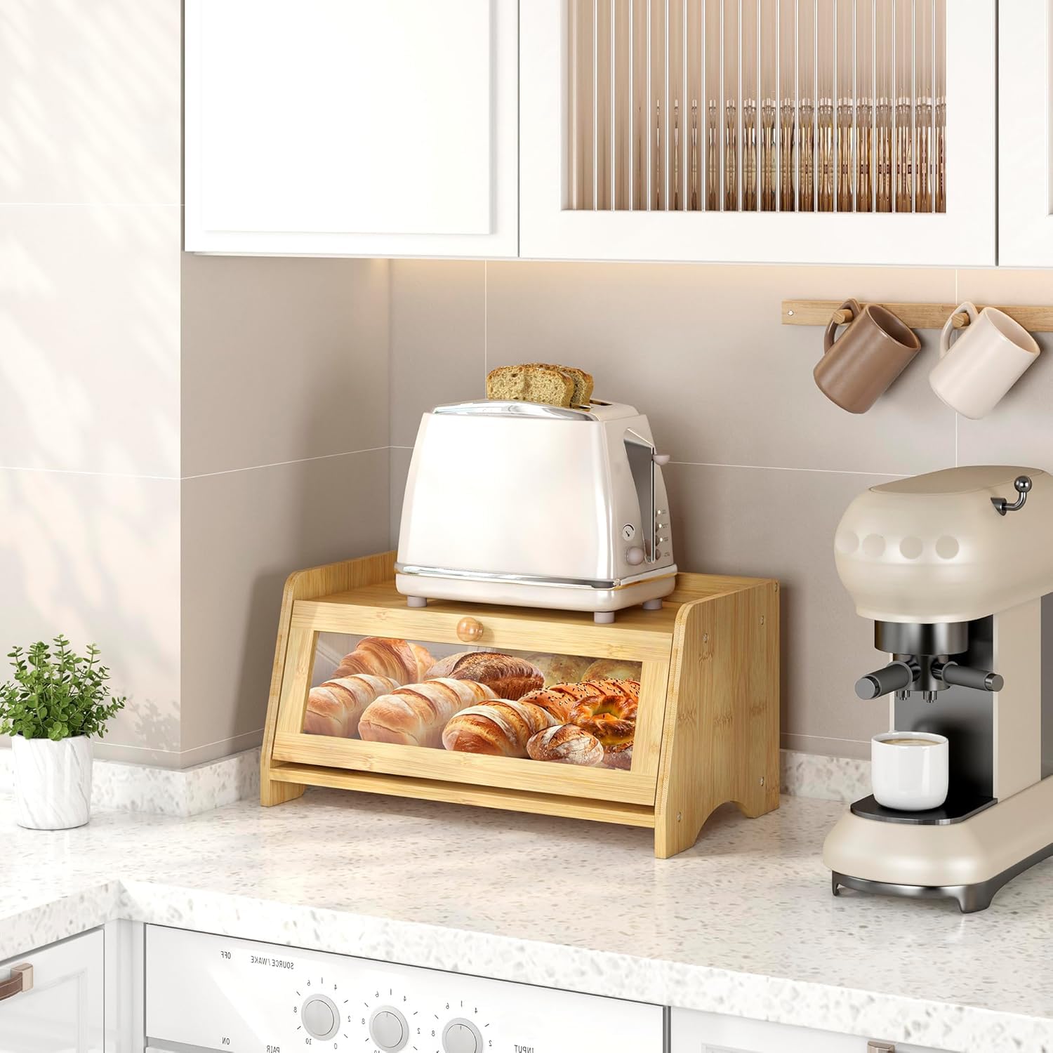 JANSNIMEN bamboo bread box for countertop organization and easy cleanup.