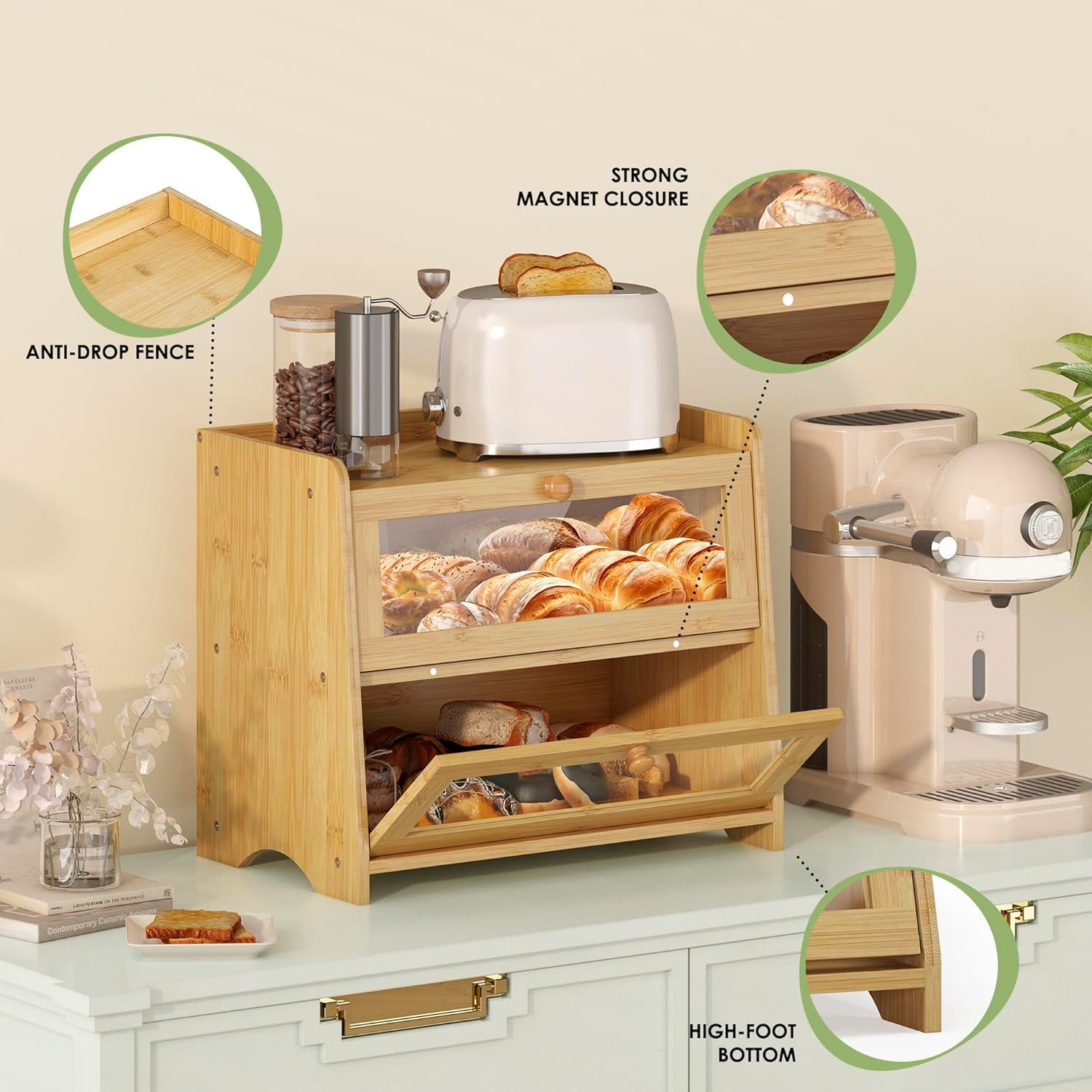 JANSNIMEN bamboo interior capacity supports storing bread, snacks, and small kitchen essentials.
