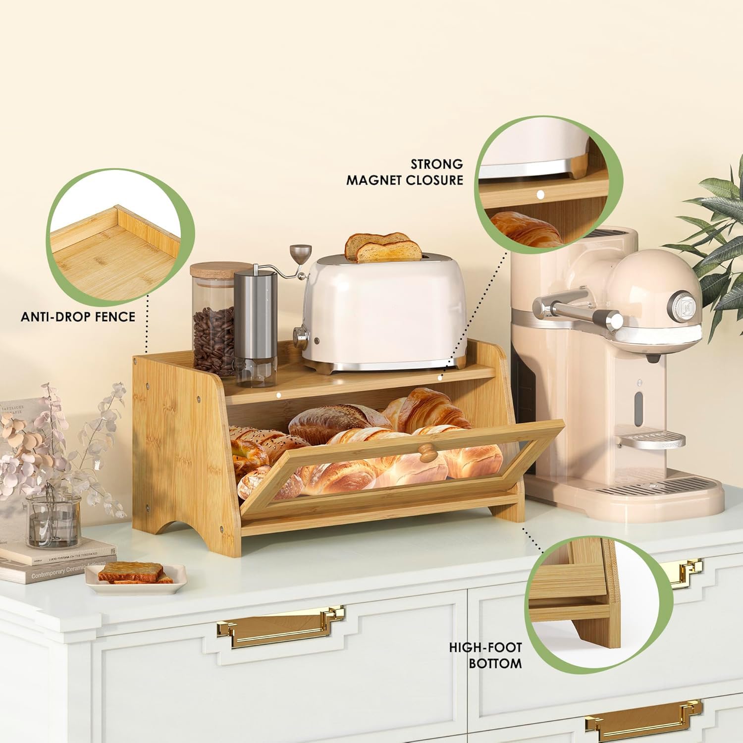 JANSNIMEN bread box magnetic latch simplifies daily use and secure closing.