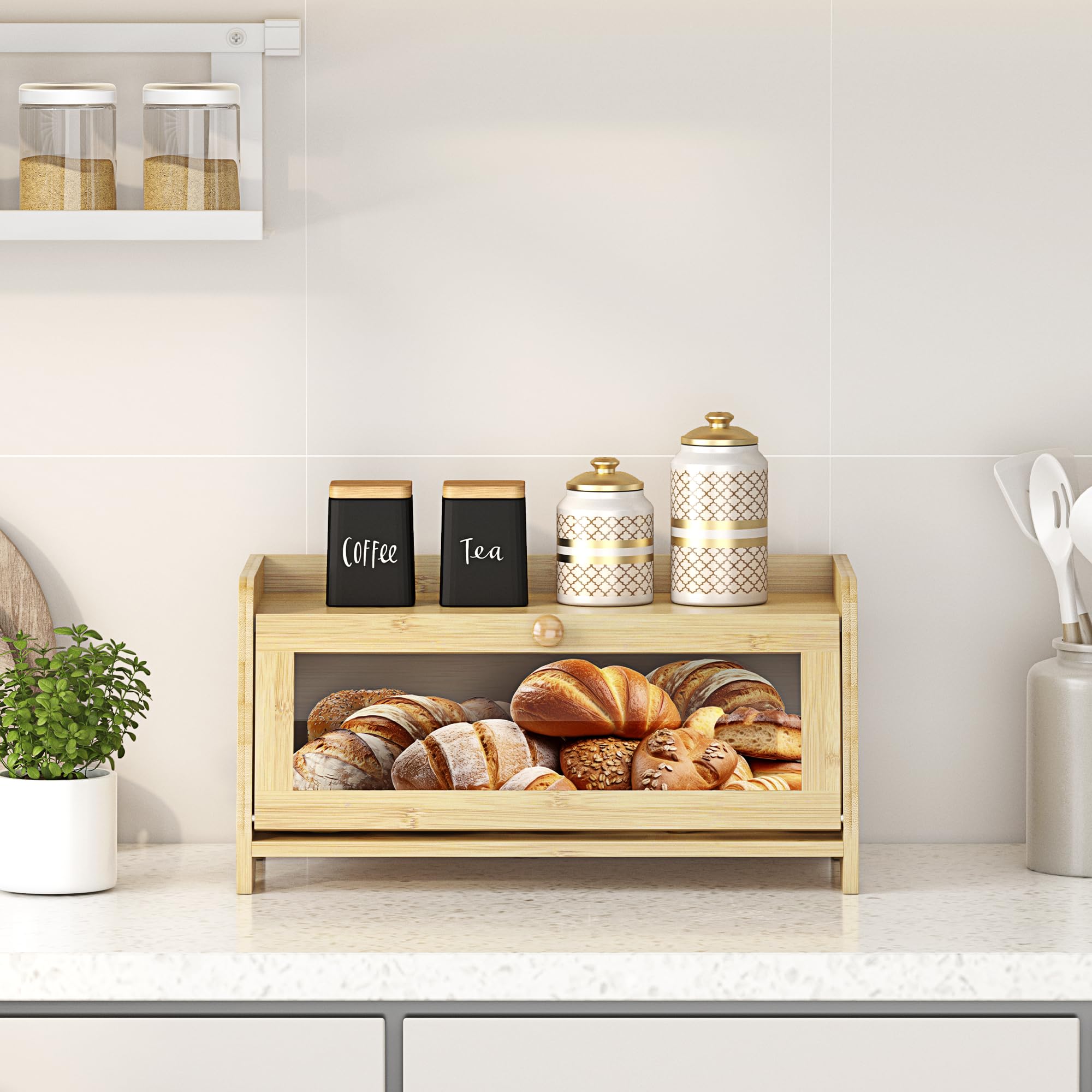 JANSNIMEN bread box keeps other items organized on a flat surface.