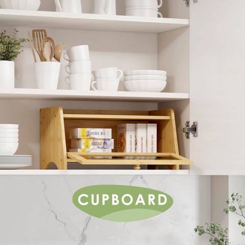 JANSNIMEN bread box top-shelf use supports prep and extra counter space.
