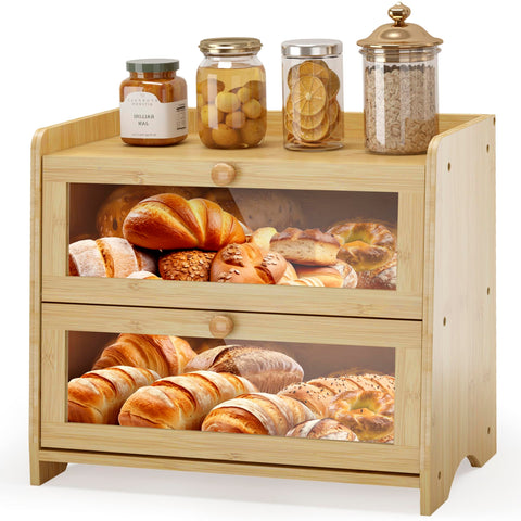 JANSNIMEN double-layer bread box front view shows sturdy bamboo craftsmanship for organized kitchen storage.