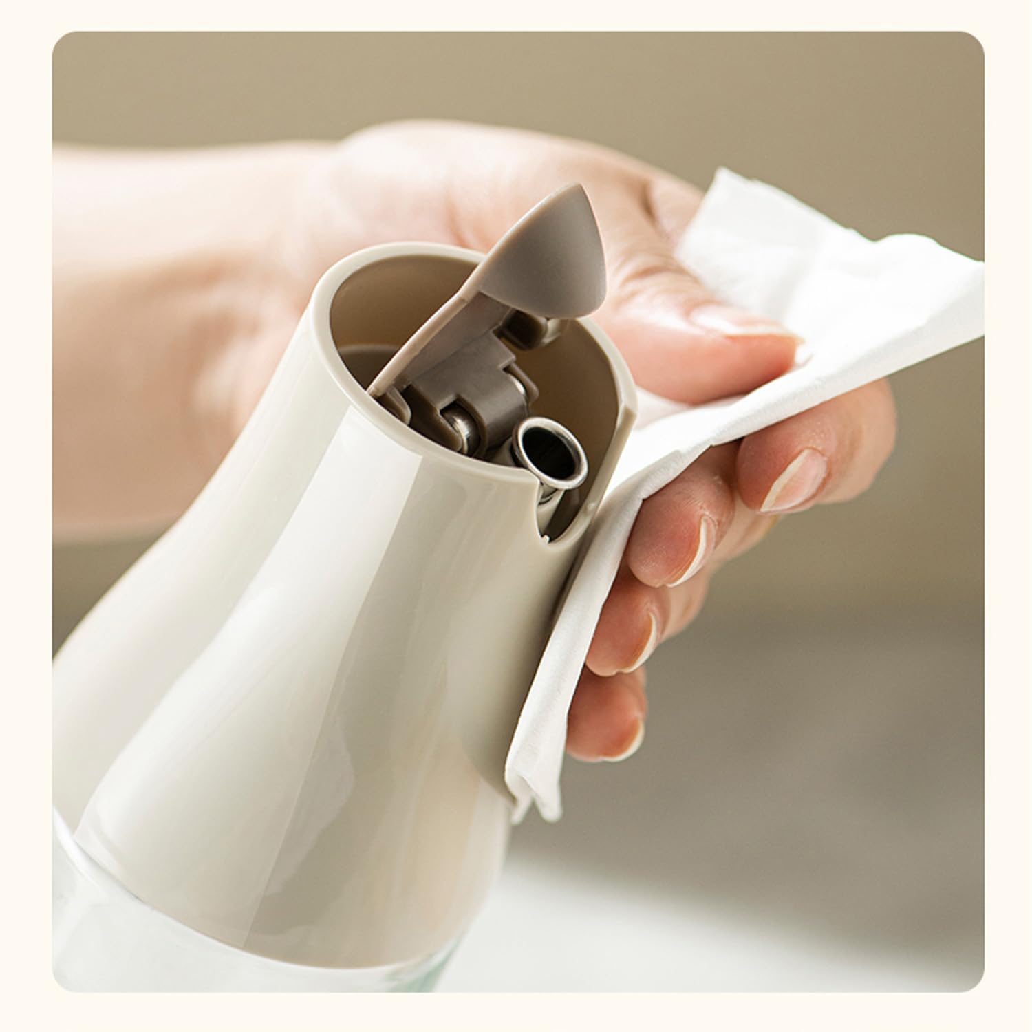 JANSSE slim 500ml dispenser fits neatly on counters.