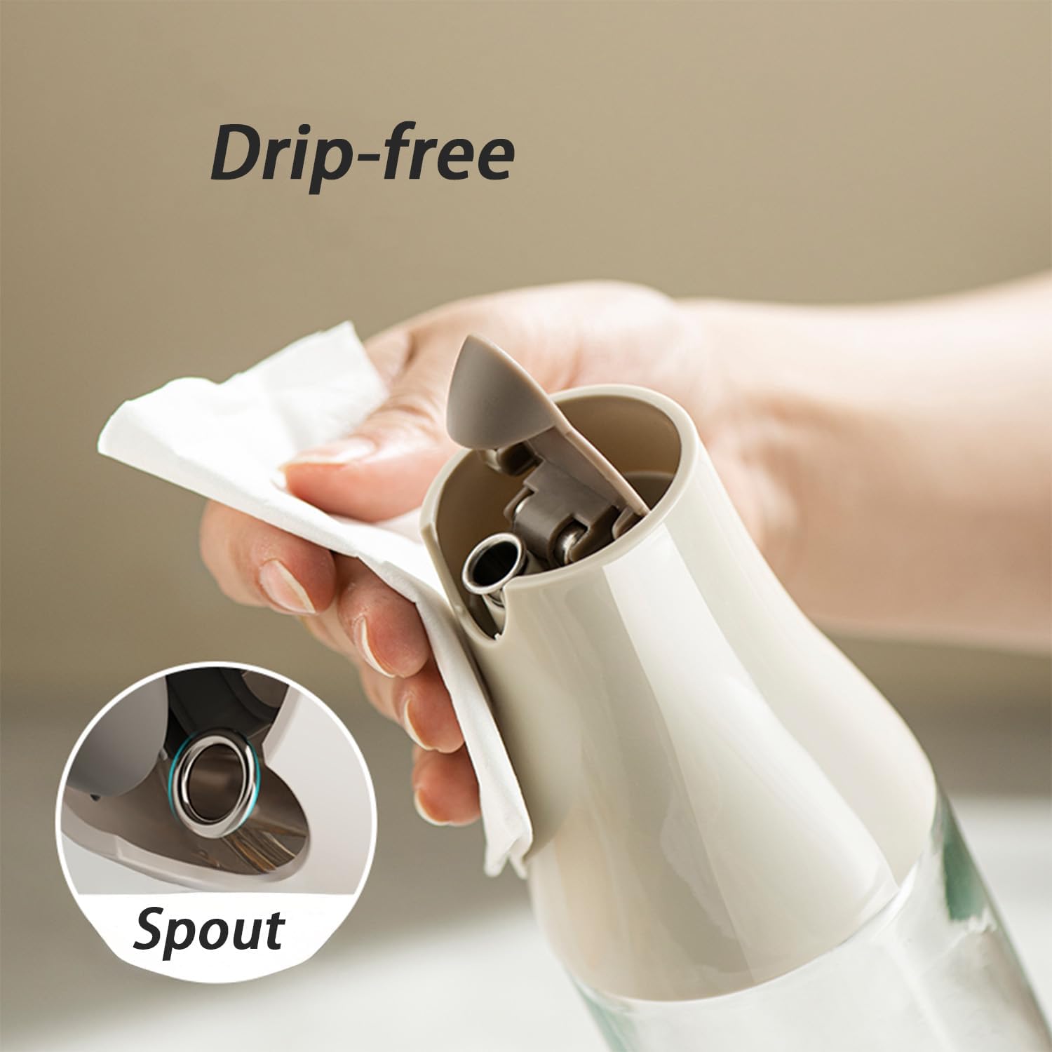 JANSSE soy sauce dispenser showing leak-proof design and wide mouth.