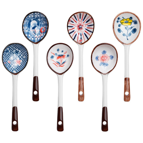 Japanese-Style Ceramic Long-Handled Spoon with floral design, ideal for elegant soups.