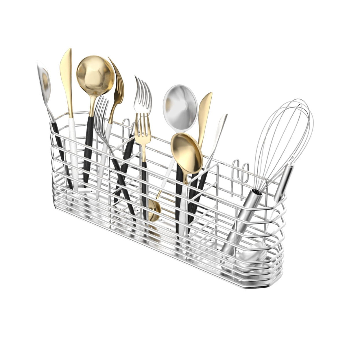 JAQ Utensil Holder for Sink with drying basket keeping spoons and forks organized near the sink