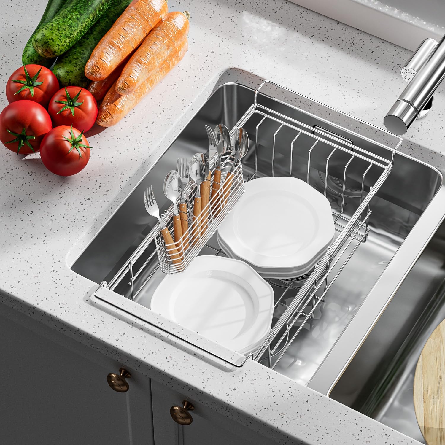JAQ utensil holder shows hook attachment on dish drainer for flexible placement