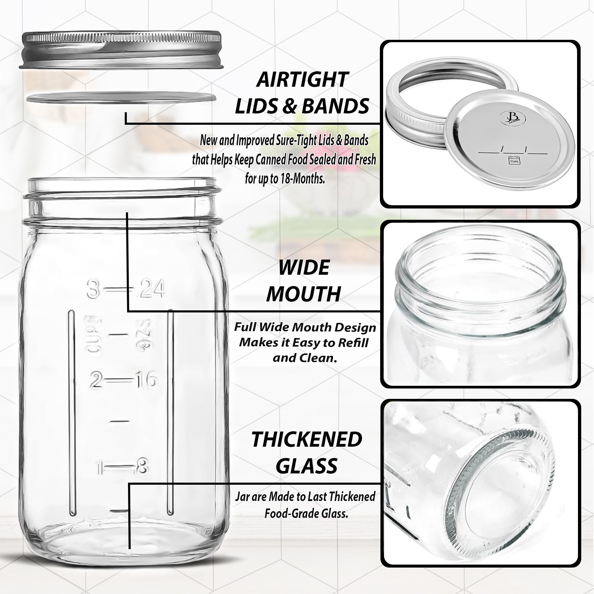 Jar Boss wide-mouth 32 oz bands ready for preserving jams, pickles, and sauces.