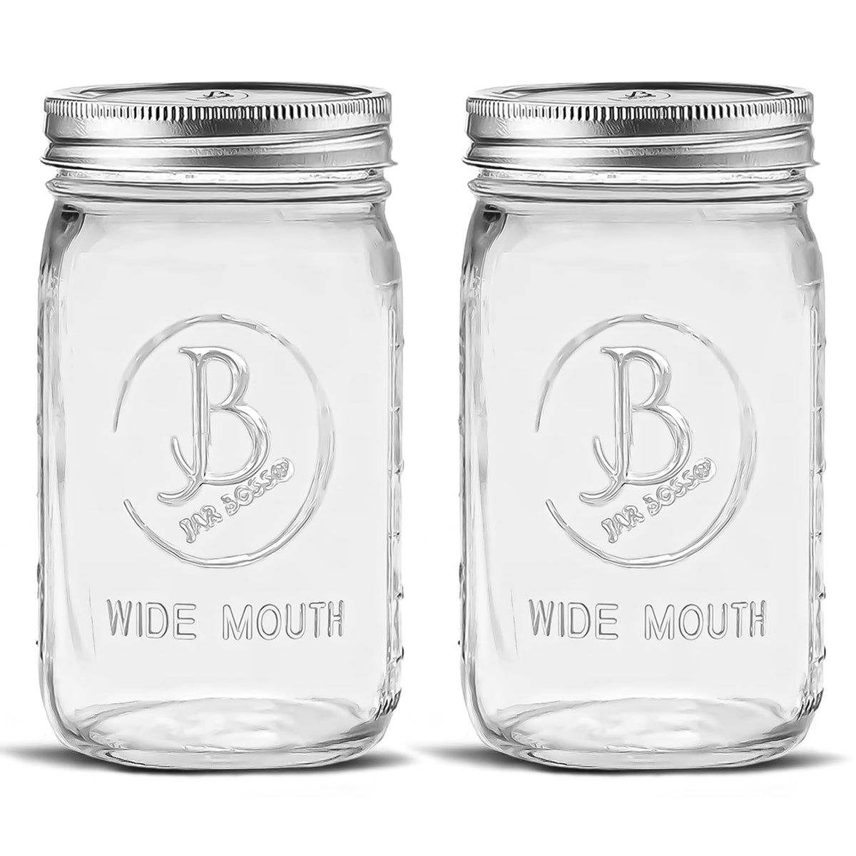 Jar Boss wide-mouth 32 oz jar in clear glass shows contents clearly for quick inspection.