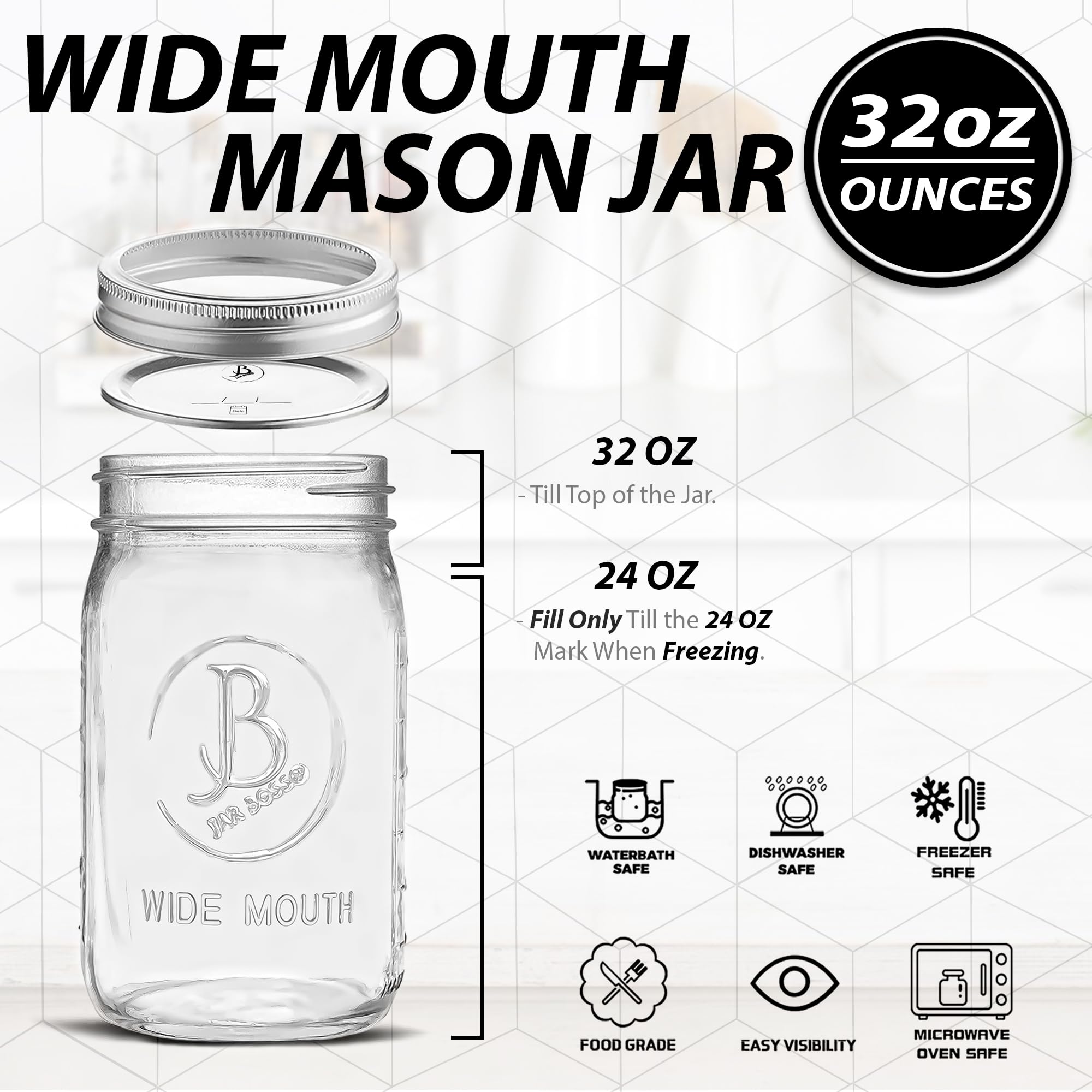 Jar Boss wide-mouth 32 oz lids close-up demonstrating a secure airtight seal for freshness.