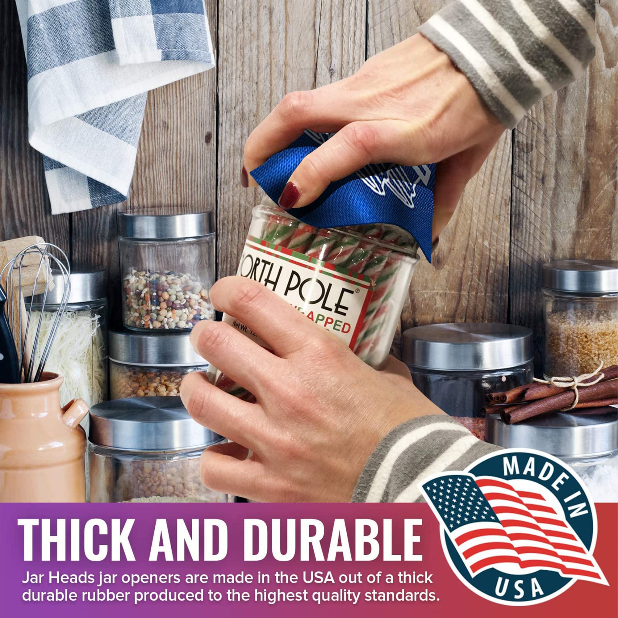Jar Heads USA-made rubber opener highlights durability and quality.