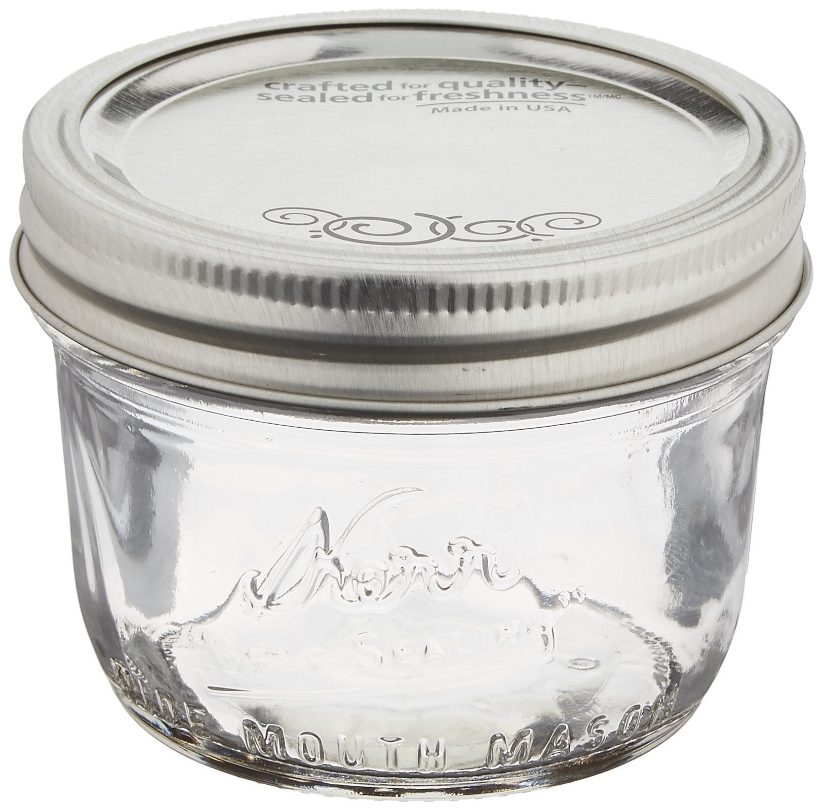 Jarden Kerr wide-mouth half-pint 8 oz jar showing clear glass ideal for small-batch preserves.