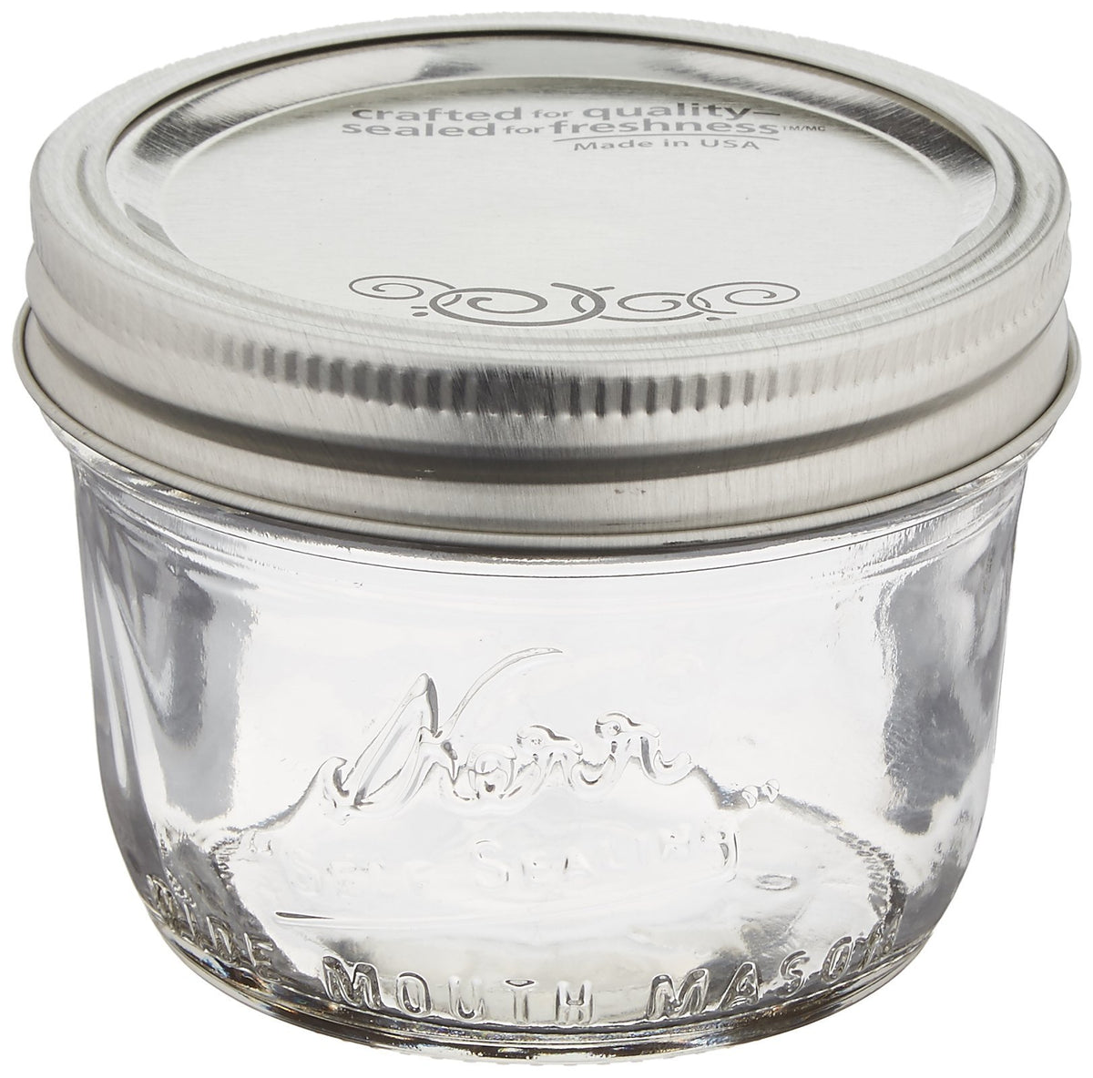 Jarden Kerr wide-mouth half-pint 8 oz jar showing clear glass ideal for small-batch preserves.
