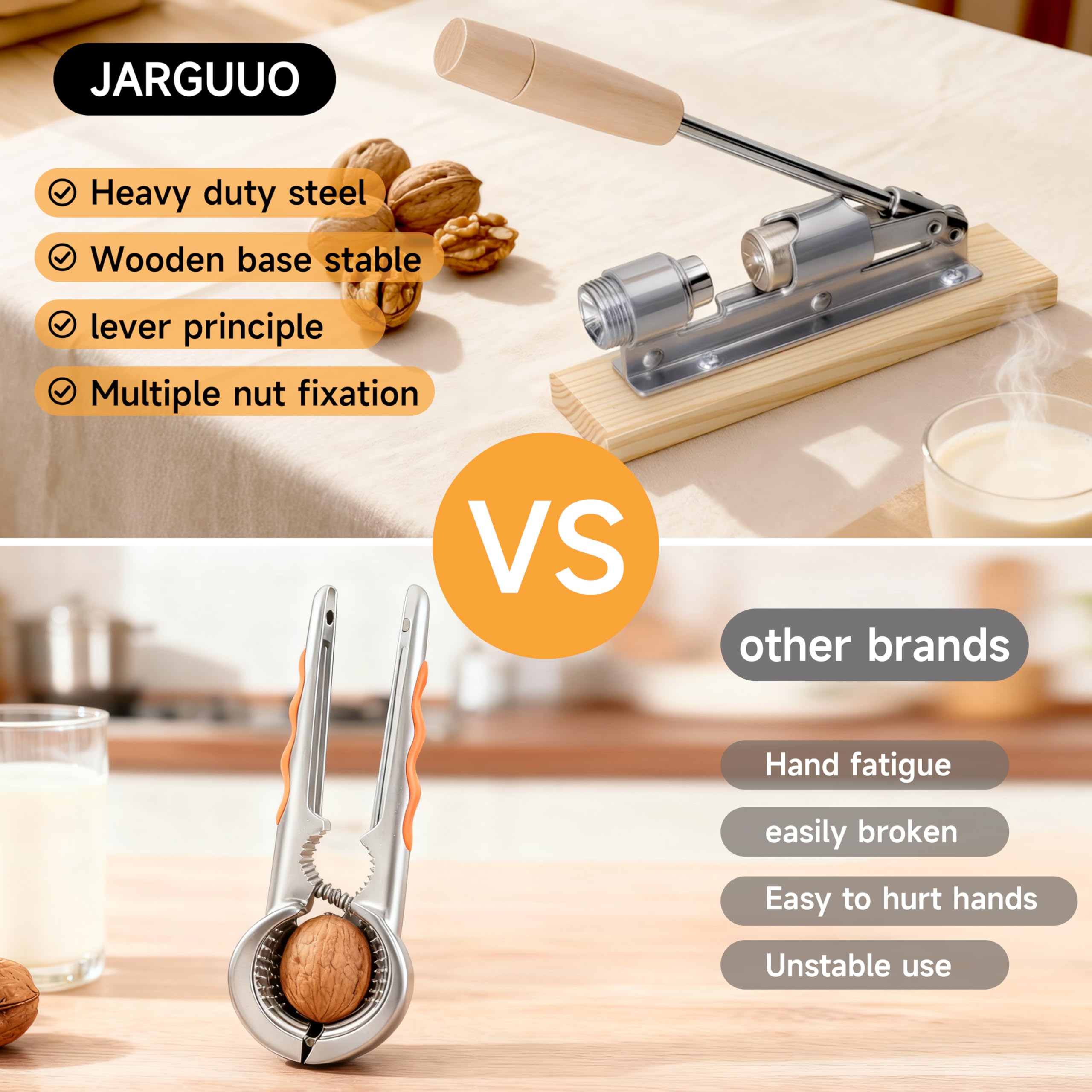 JARGUUO nutcracker shows steel cracking mechanism for clean splits.