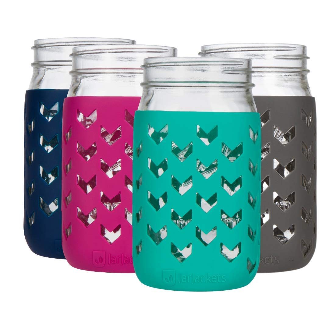 JarJackets silicone mason jar sleeve for 32oz jars offers grip and protection.