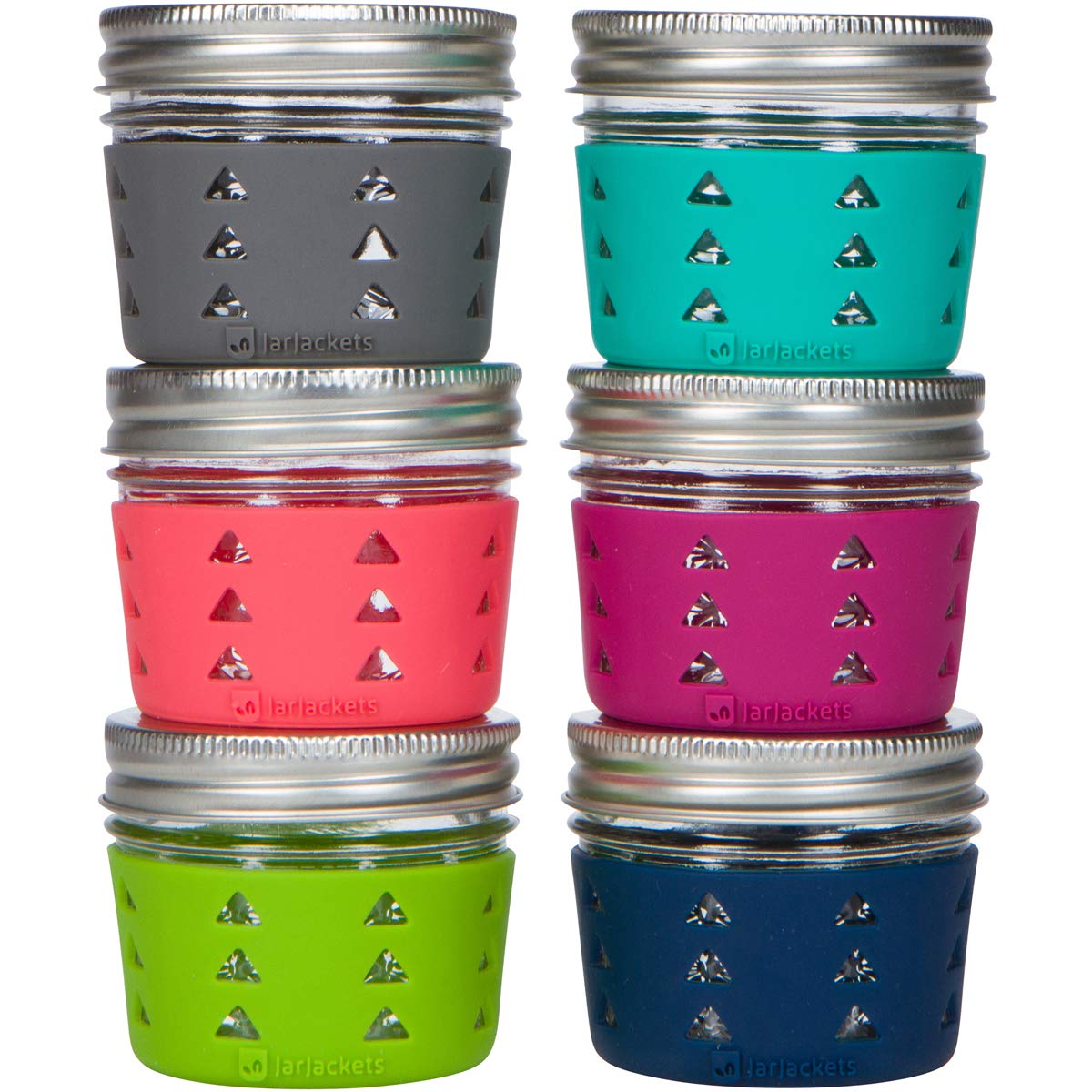 JarJackets silicone sleeve on a multicolor 4oz mason jar for grip.