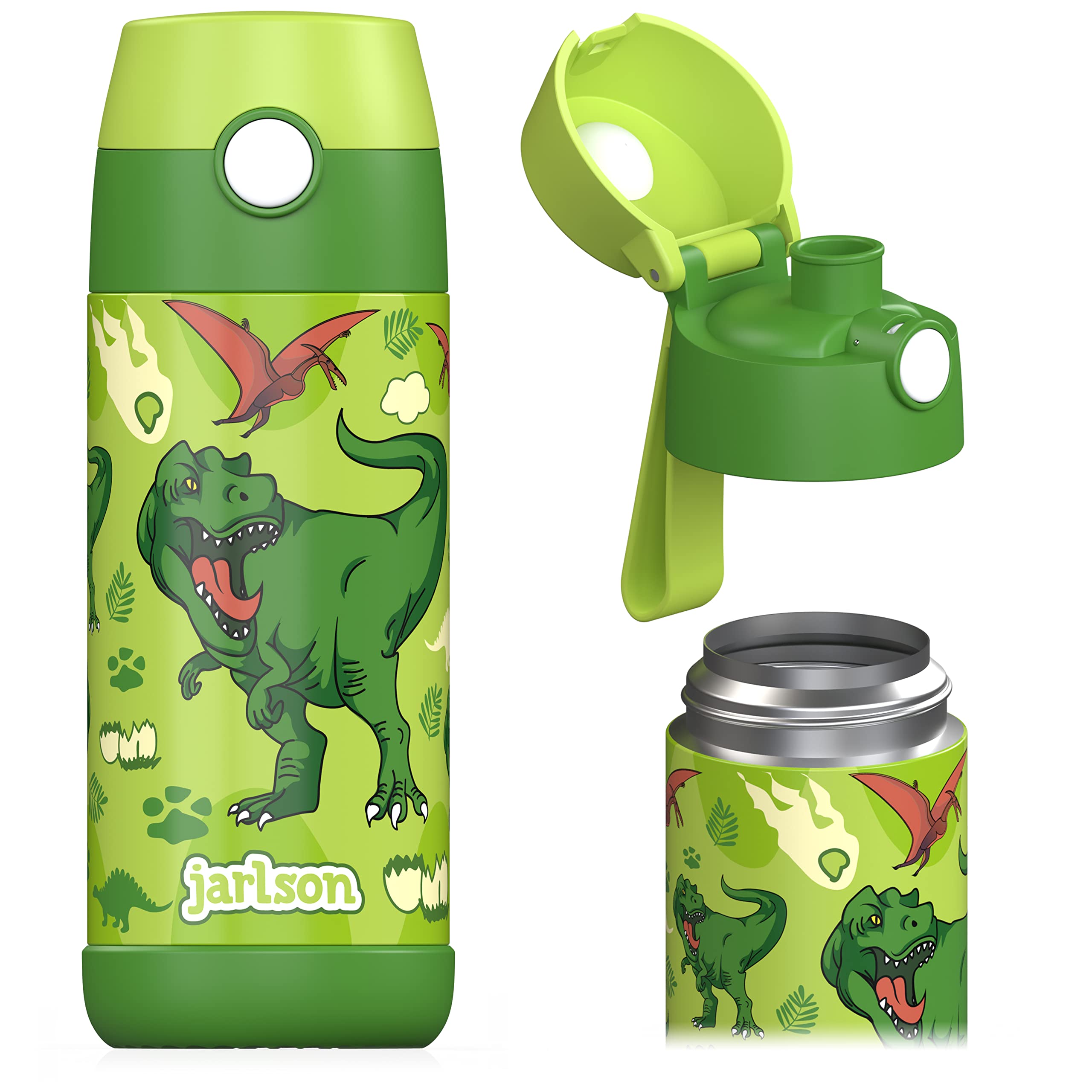 Jarlson Kids water bottle dinosaur cap close-up, showcasing leak-proof design for school use.