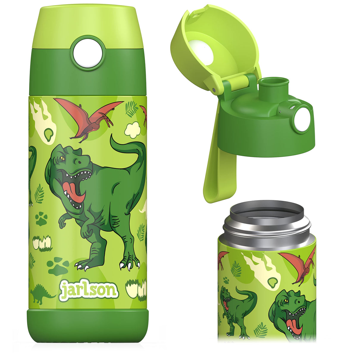 Jarlson Kids water bottle dinosaur cap close-up, showcasing leak-proof design for school use.