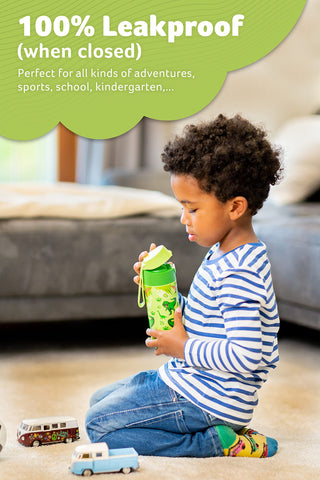 Child-friendly push-button lid and chug spout.