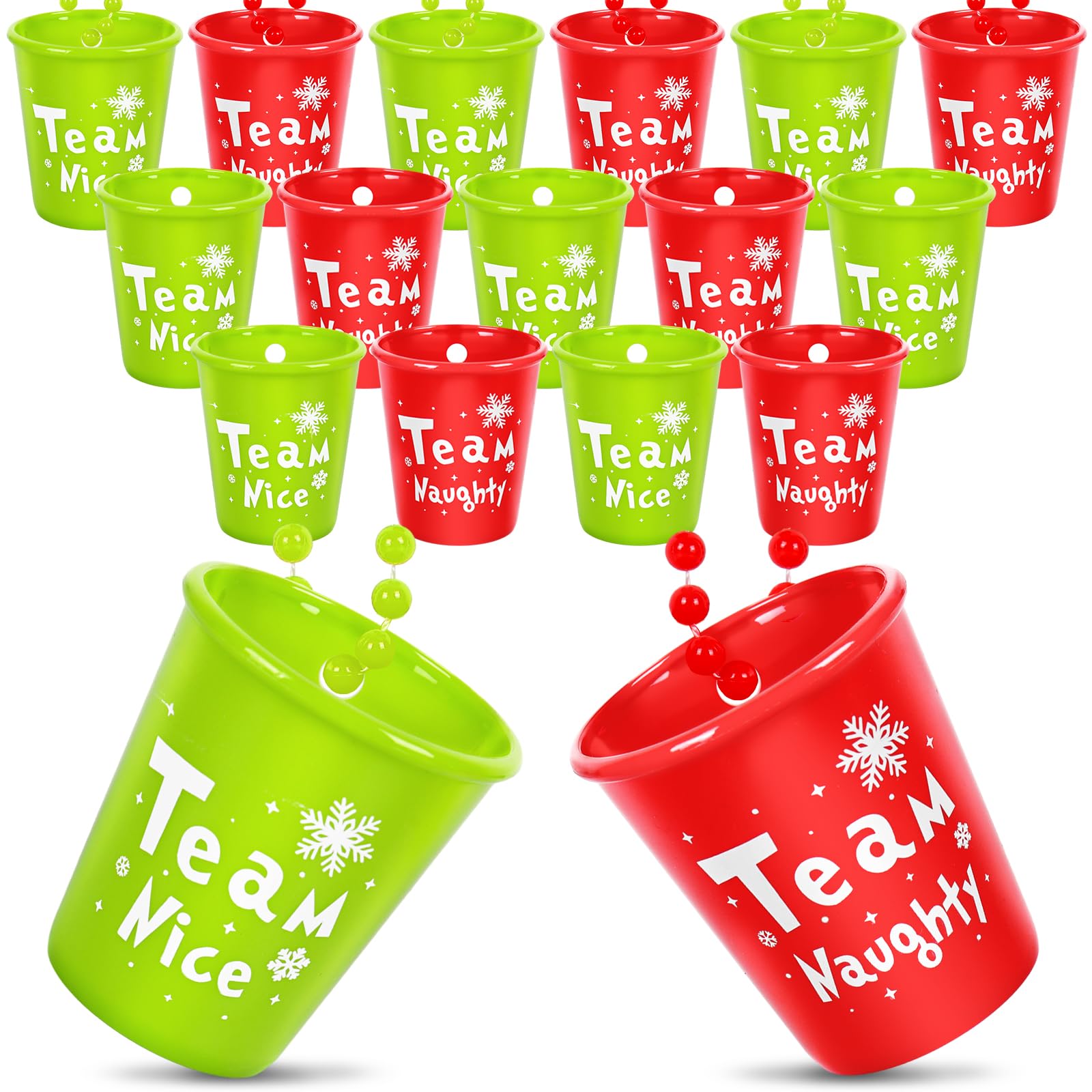 JarThenaAMCS Christmas shot-glass necklace in red and green, festive party accessory