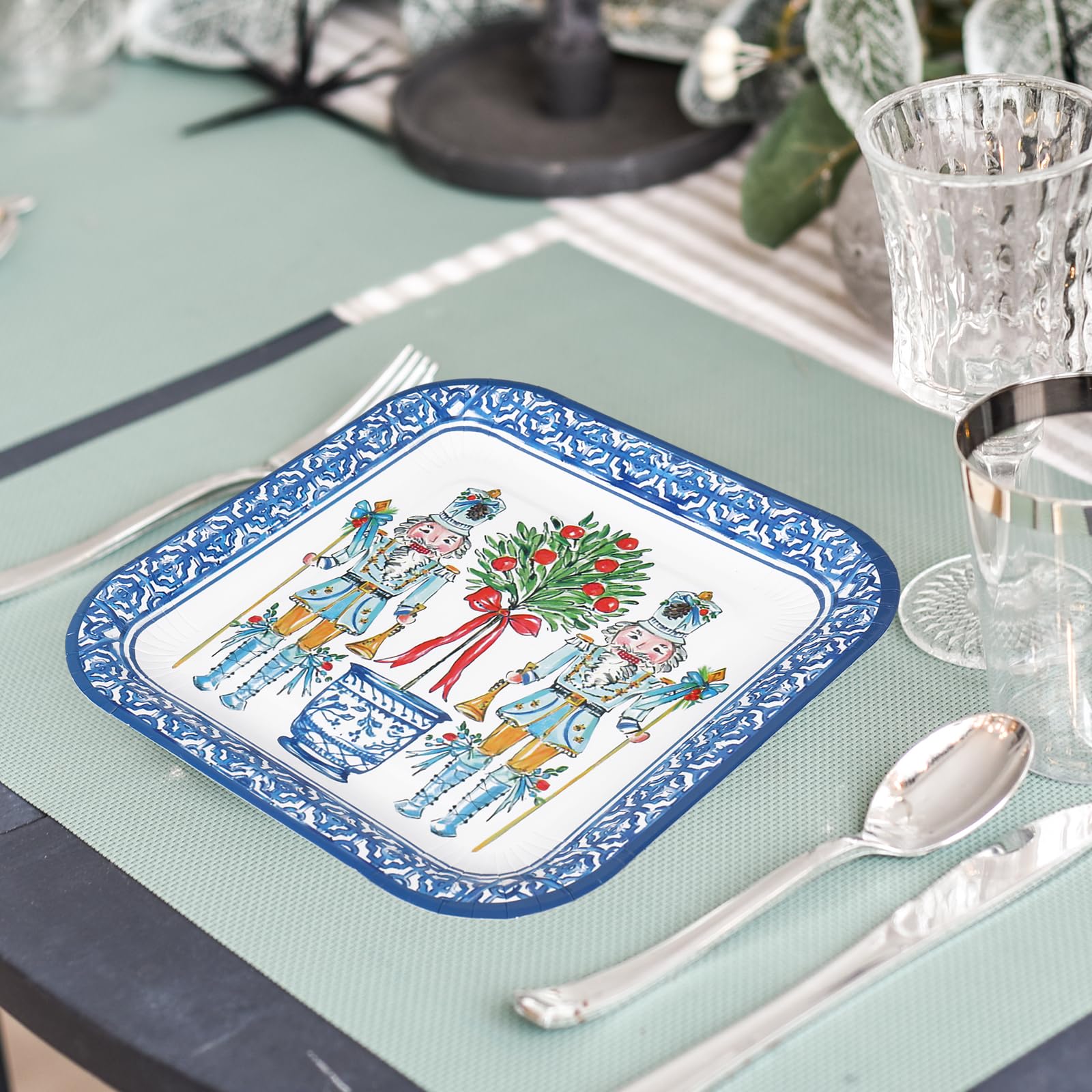 JarThenaAMCS Christmas plate square 9in, convenient and stylish for holiday table settings.