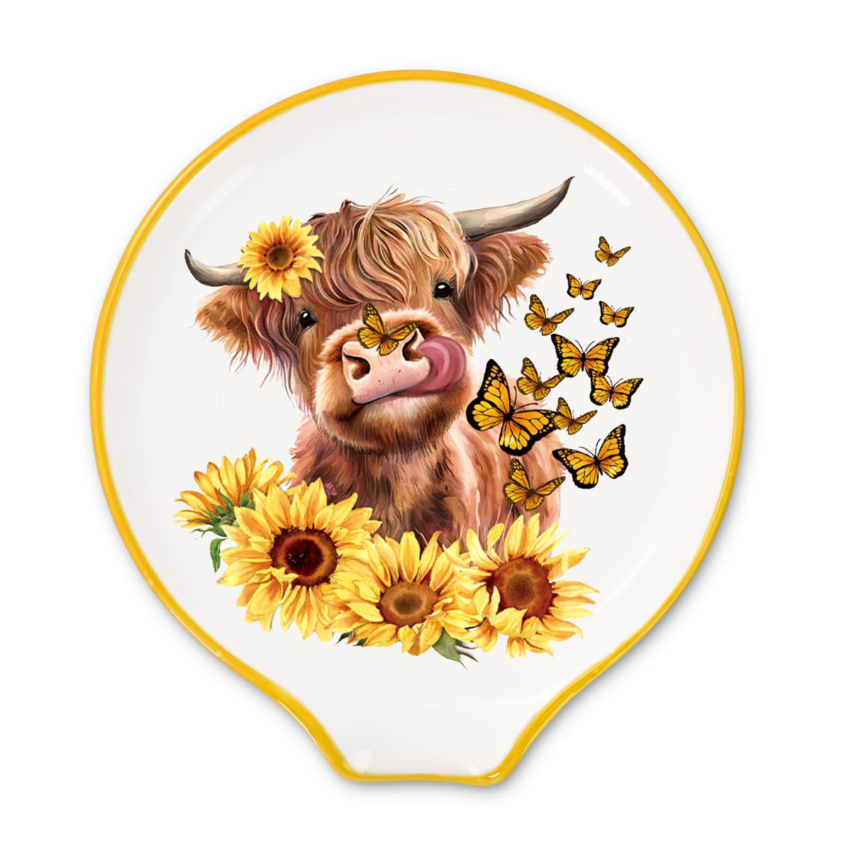 JarThenaAMCS Highland cow spoon rest with sunflower and butterfly watercolor design for tidy counters