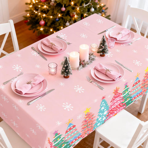 JarThenaAMCS pink background Christmas tree tablecloth close-up for ambiance