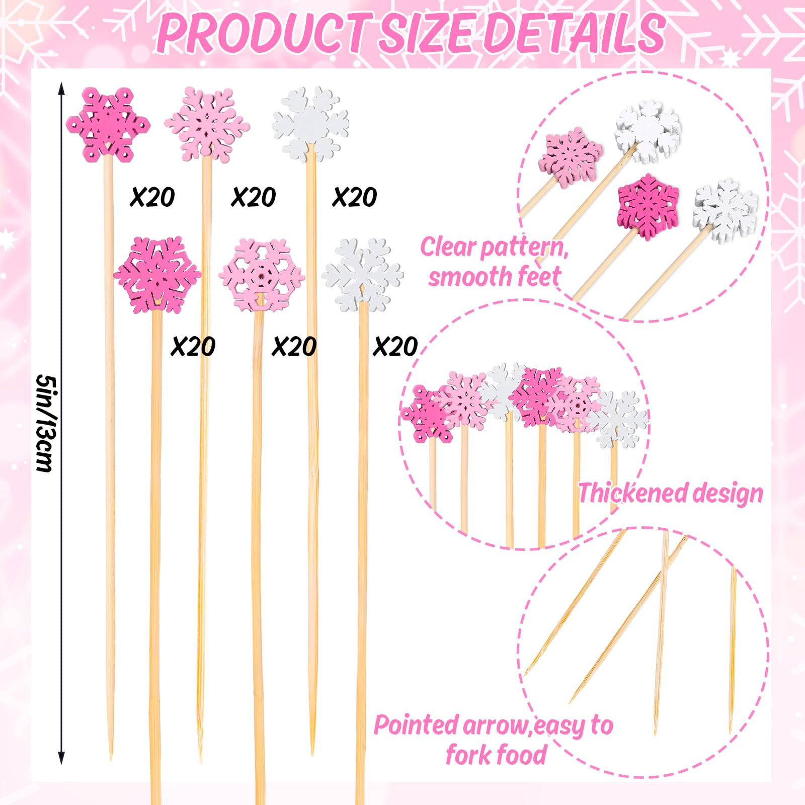 JarThenaAMCS snowflake picks style 2 showcasing delicate fruit and dessert garnishes