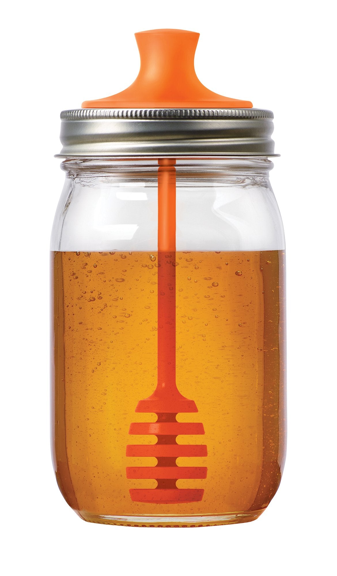 Jarware honey dipper lid in orange on a 16 oz regular-mouth jar for mess-free honey.