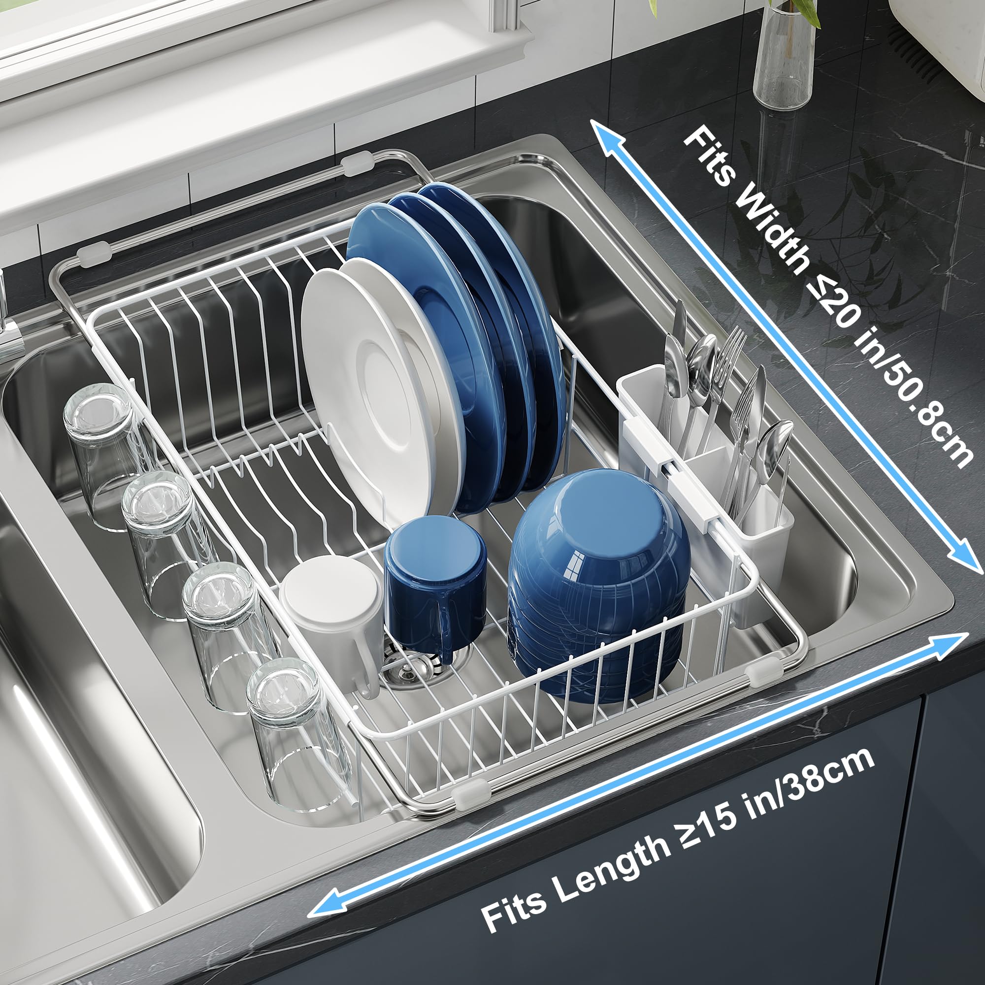 JASIWAY dish drying rack with adjustable bars extends from 15.5 to 23.2 inches.