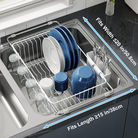 JASIWAY dish drying rack with adjustable bars extends from 15.5 to 23.2 inches.