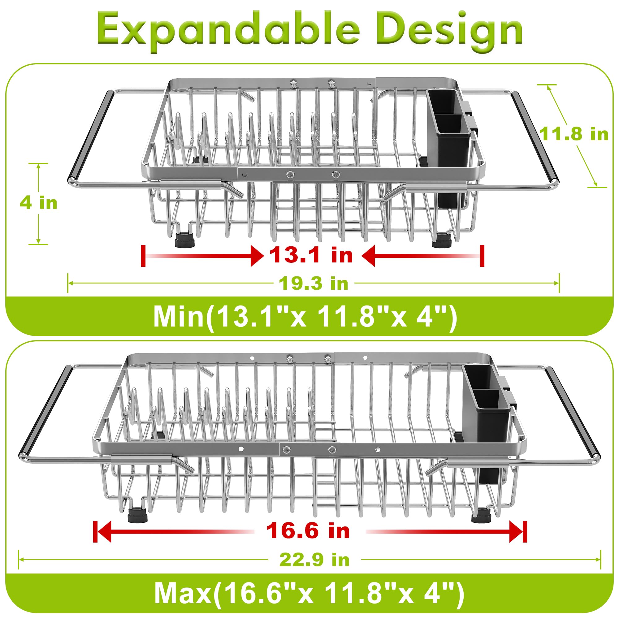 JASIWAY stainless steel over-sink rack highlights adjustable main body for extra storage.