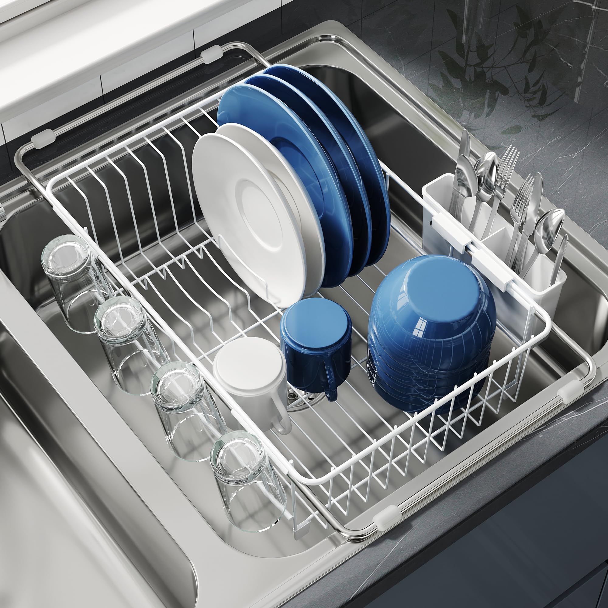 JASIWAY dish drying rack over the sink, expanding space for drip-free drying.