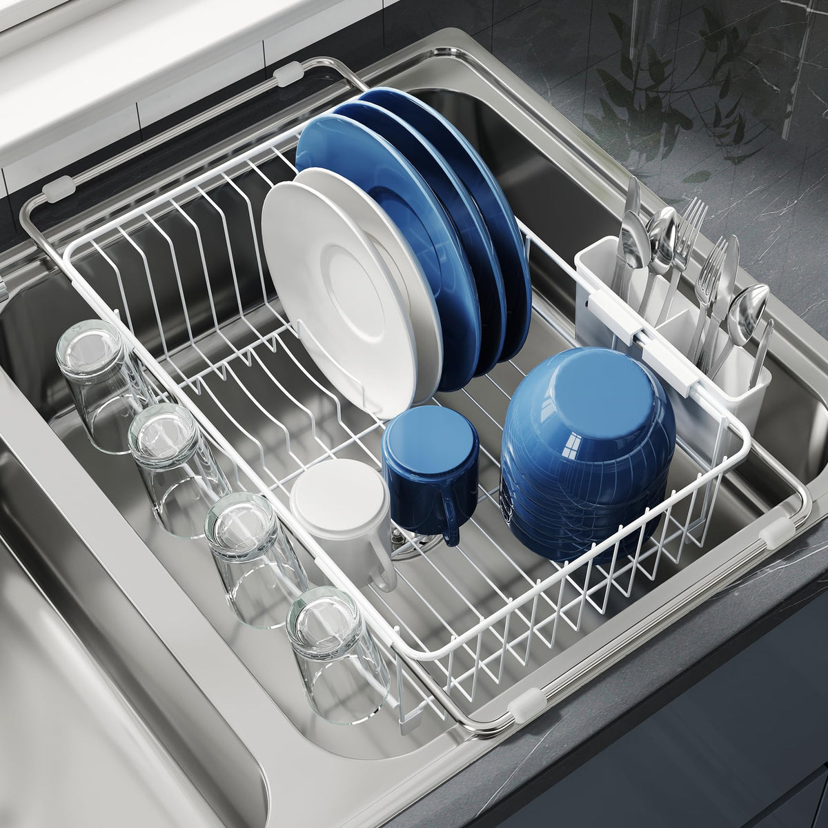 JASIWAY dish drying rack over the sink, expanding space for drip-free drying.