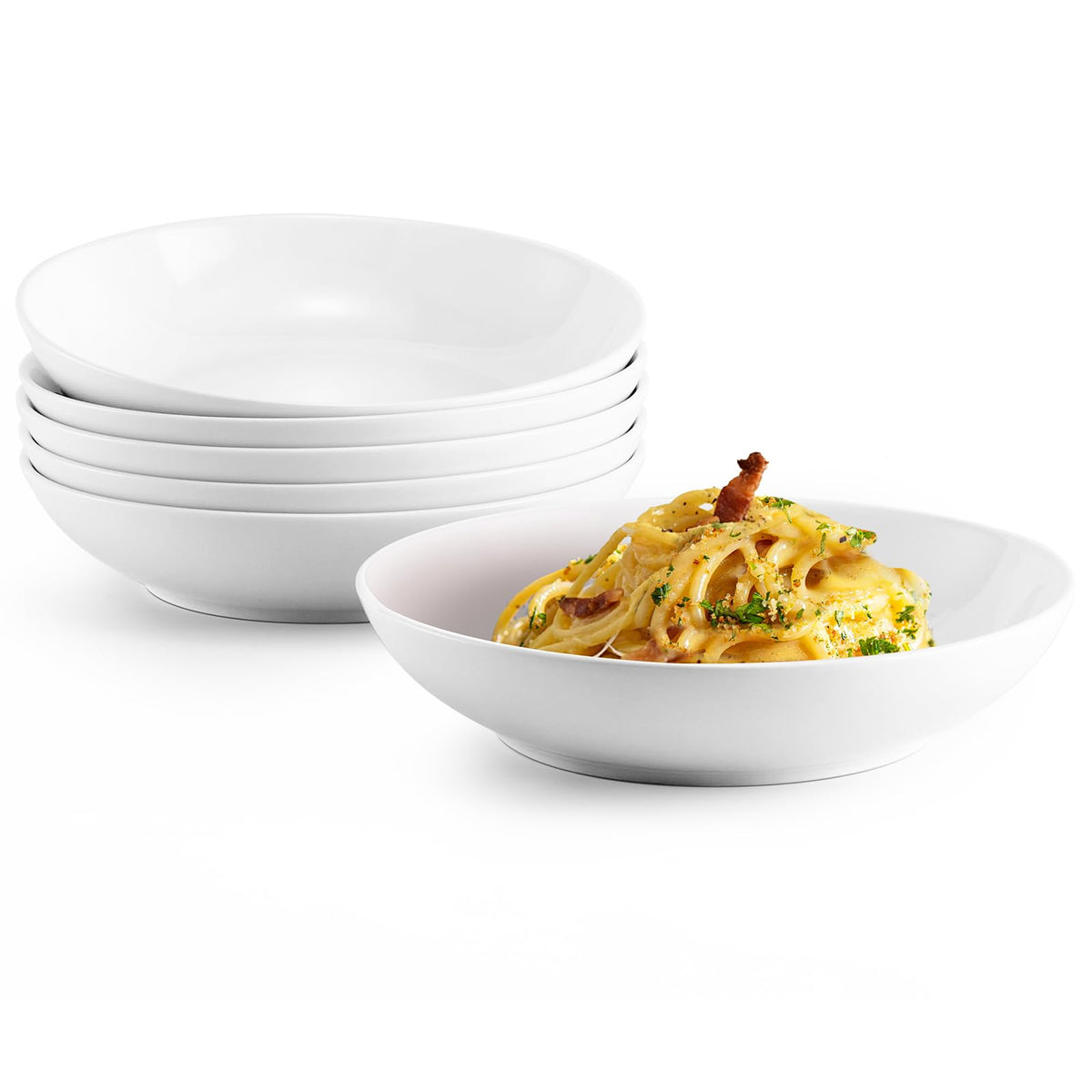Jassceram 8.5-inch pasta bowls set of 6 on table, ideal for pasta and salads.
