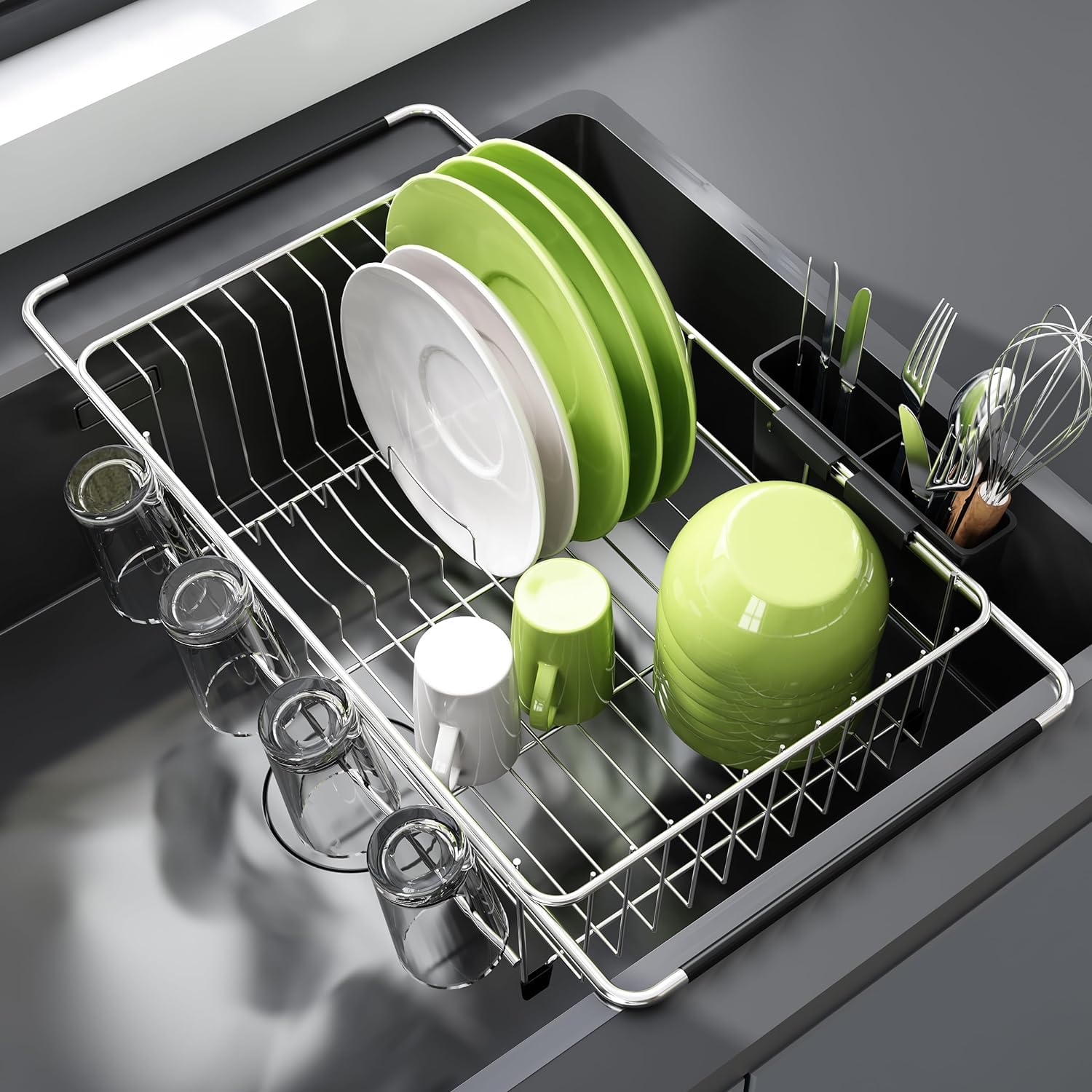 JASIWAY dish drying rack in sink with integrated utensil holder for a tidy kitchen.
