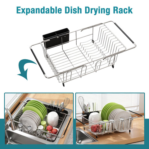 JASIWAY expandable dish drying rack over-sink showing adjustable bars saving countertop space.
