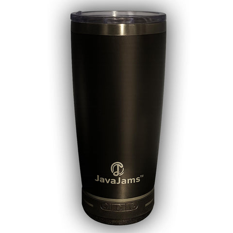 JavaJams 20 oz Bluetooth speaker tumbler on desk delivers audio while you sip.