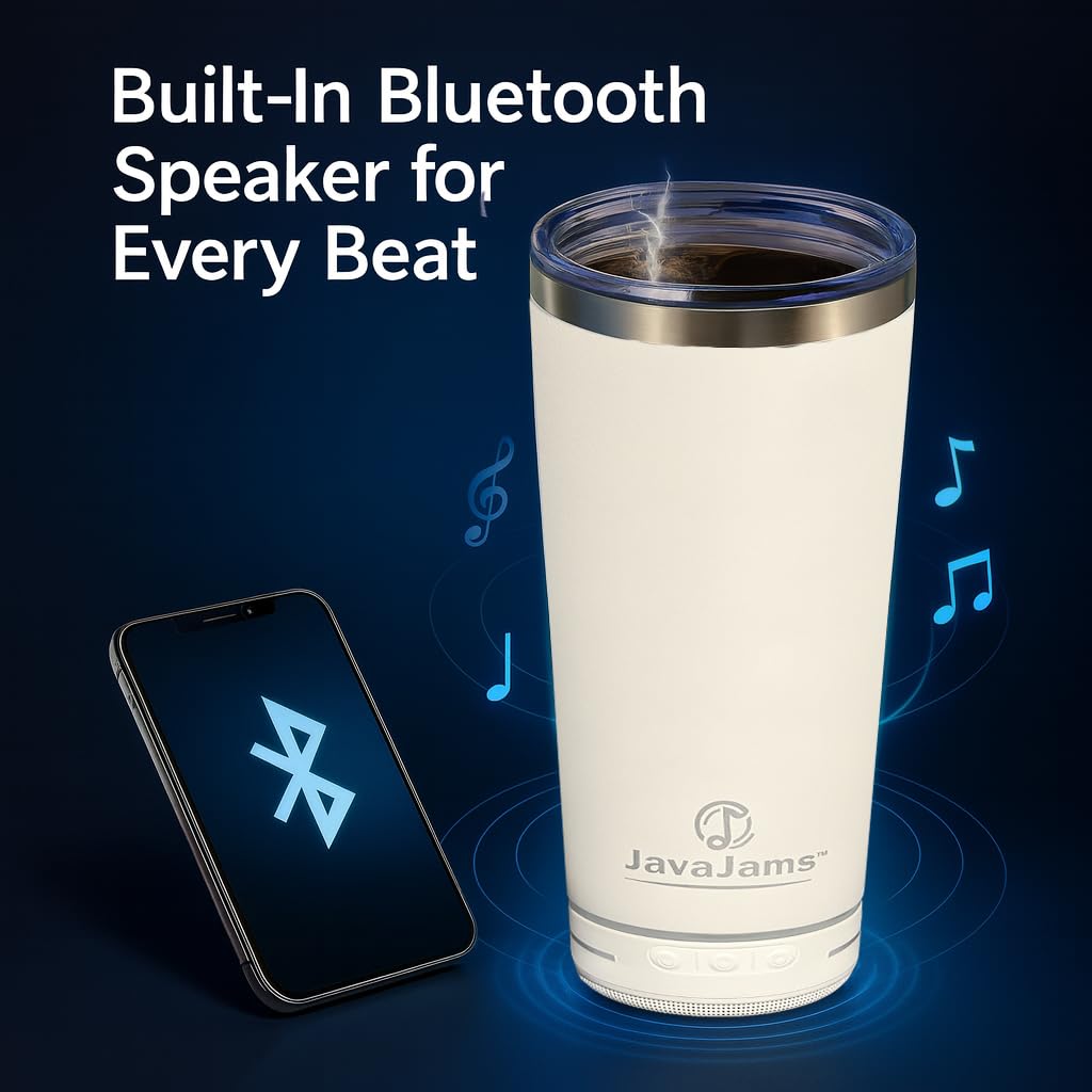 JavaJams 20 oz leak-proof travel tumbler shown in a backpack scenario.