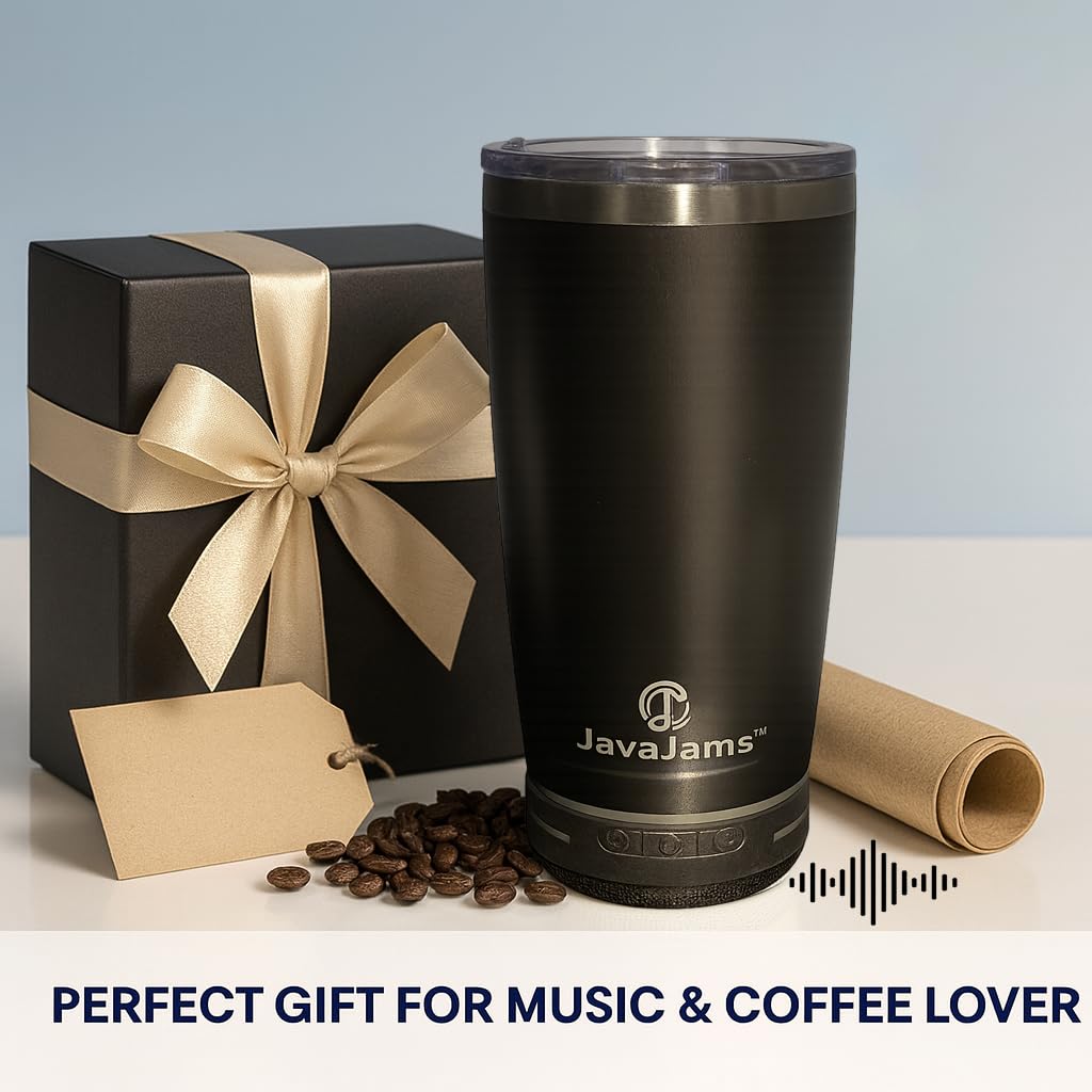 JavaJams 20 oz portable music travel tumbler in a hand-held setup.