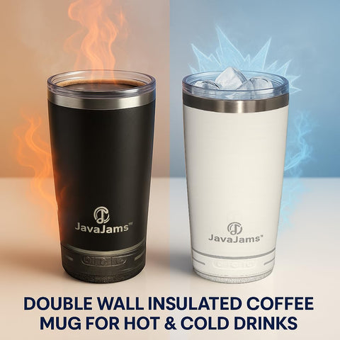 JavaJams 20 oz rechargeable speaker tumbler powers music on the go.