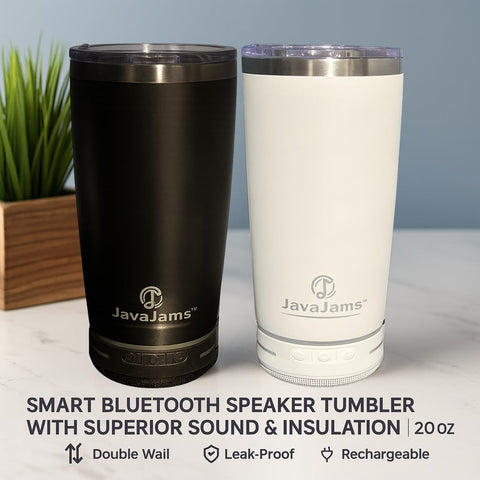 JavaJams 20 oz stainless steel tumbler with lid keeps drinks at temperature.