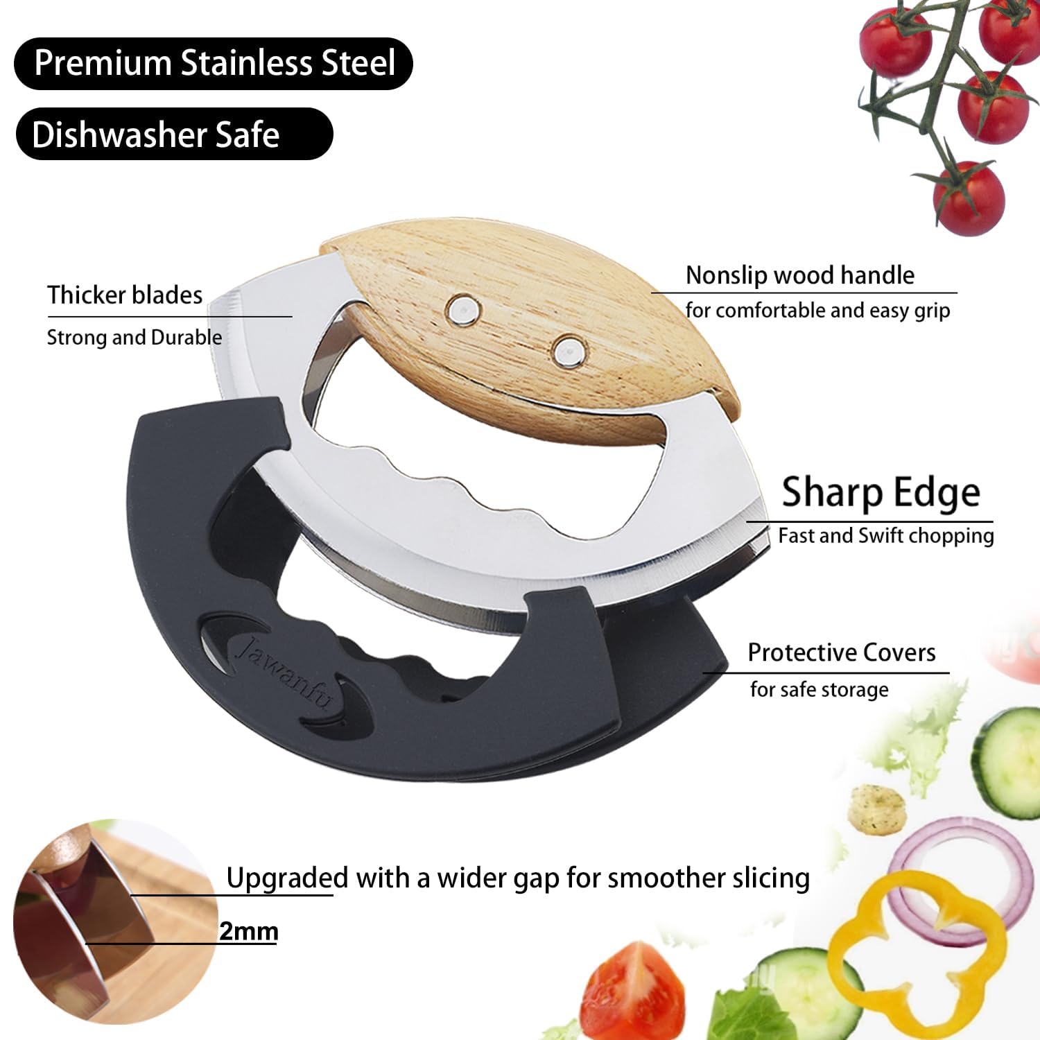 Jawanfu mezzaluna curved rocker design enables smooth, precise chopping of herbs and vegetables.