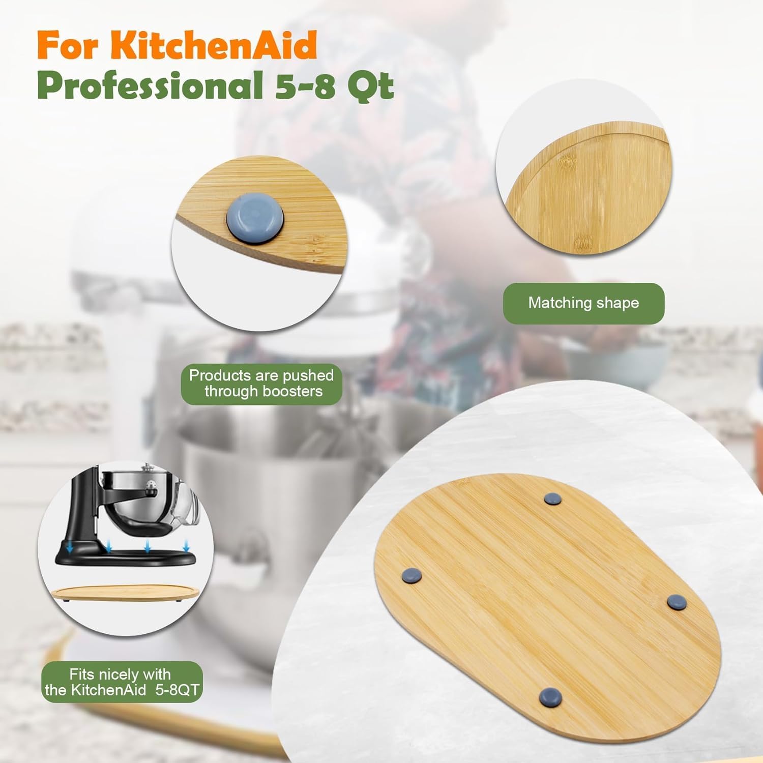 JAYOBGO bamboo slide mat guards countertops from scratches when moving the mixer.