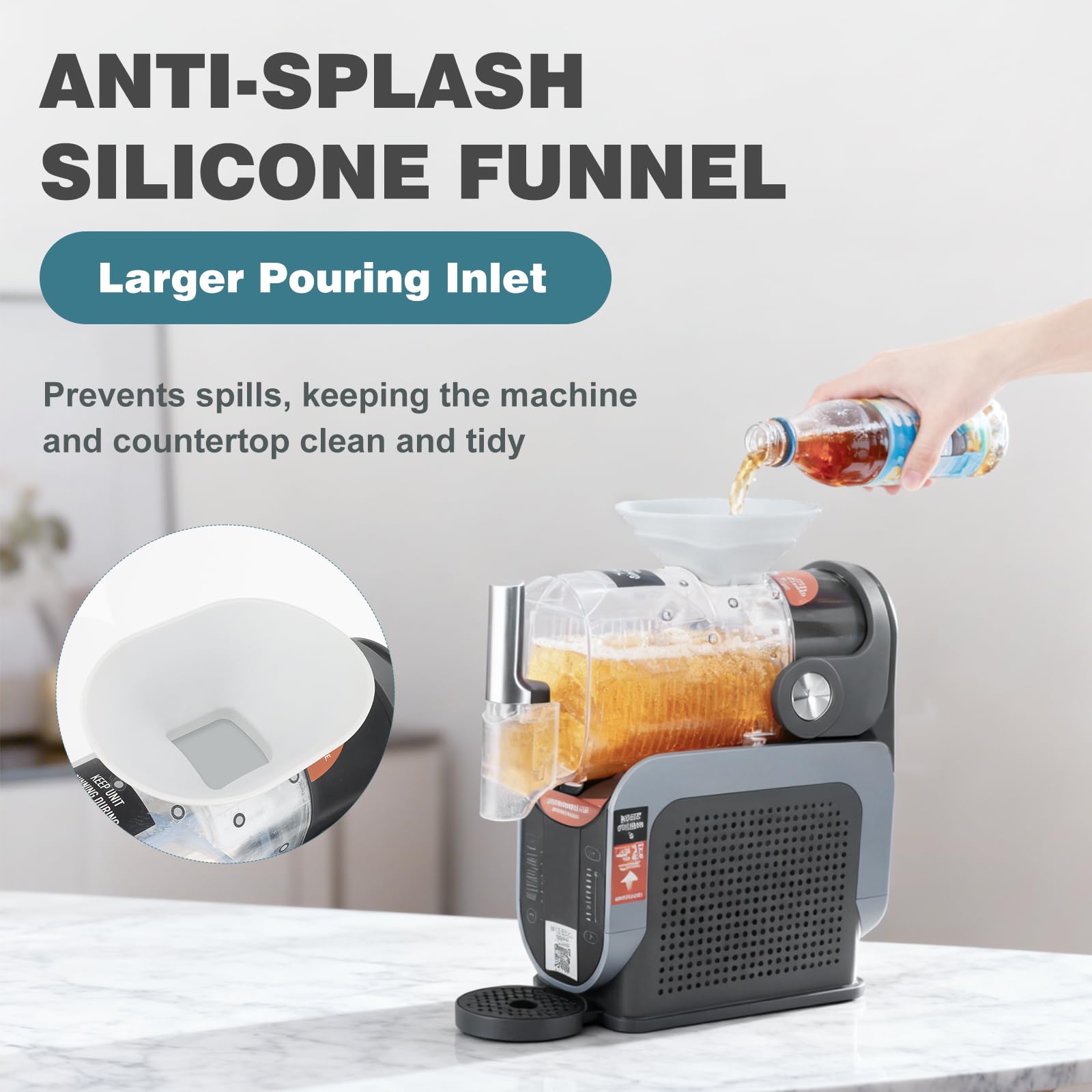 Channel directs liquid into cup, reducing countertop mess