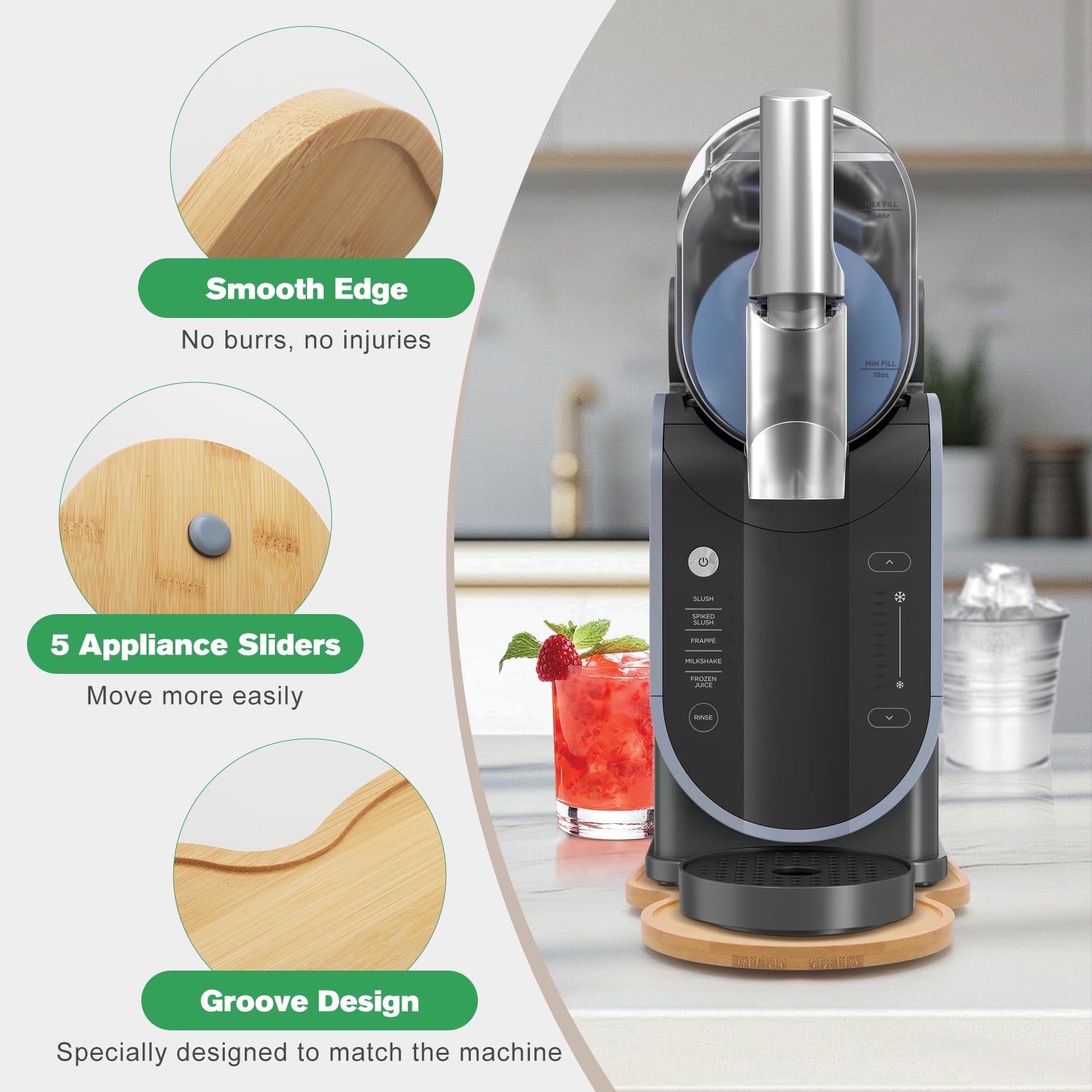 Jayobgo mat bottom with five glides enables quiet, smooth counter movement.
