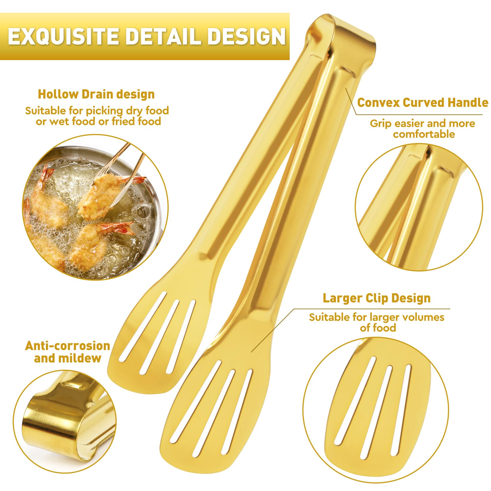 JCREN 7inch tongs gold handle closeup showing smooth edges.